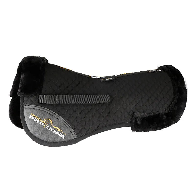 Equestrian riding saddle pad in wool blend with shock absorption foam for waist protection.