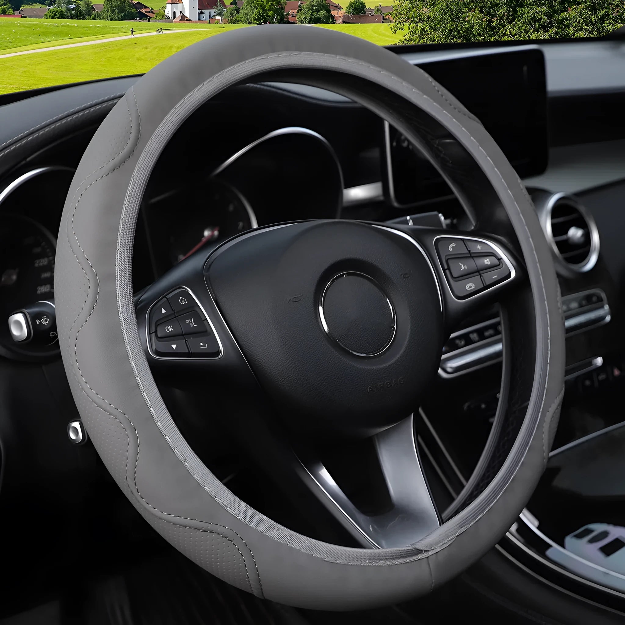 Elastic embossed corrugated PU leather steering wheel cover for 37-38cm diameter wheels in multiple colours.