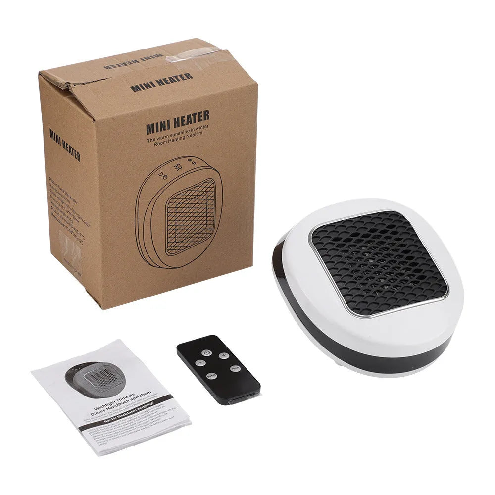 White ceramic heating electric blower with remote control on a desk.