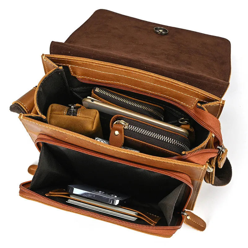 Men's brown leather crossbody shoulder bag with retro styling and sewing detail accents