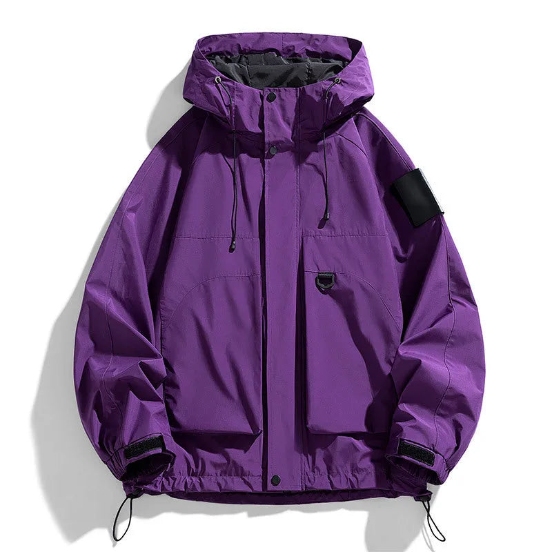 Men's black windproof waterproof hooded coat with long sleeves on a mannequin.