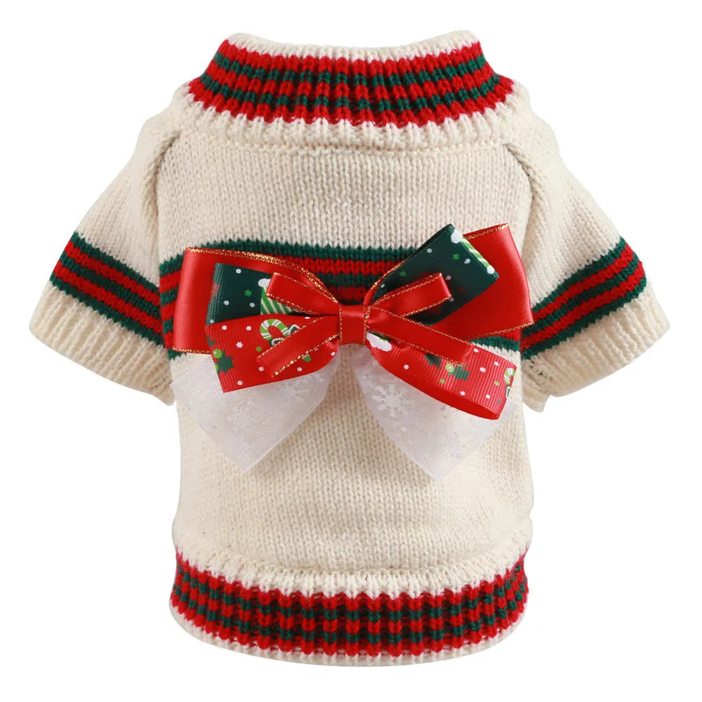 Green polyester dog Christmas jumper showing knitted sweater design for festive seasonal wear