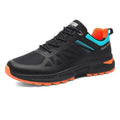 Men's plus size outdoor running shoes with mesh lining in black colour showing round toe shape and lace-up closure