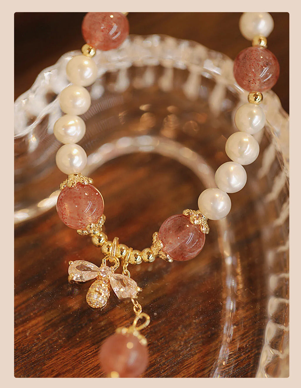 Women's Strawberry Quartz crystal bracelet with hand-stringed pearls and bow decoration in INS summer style