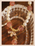 Women's Strawberry Quartz crystal bracelet with hand-stringed pearls and bow decoration in INS summer style