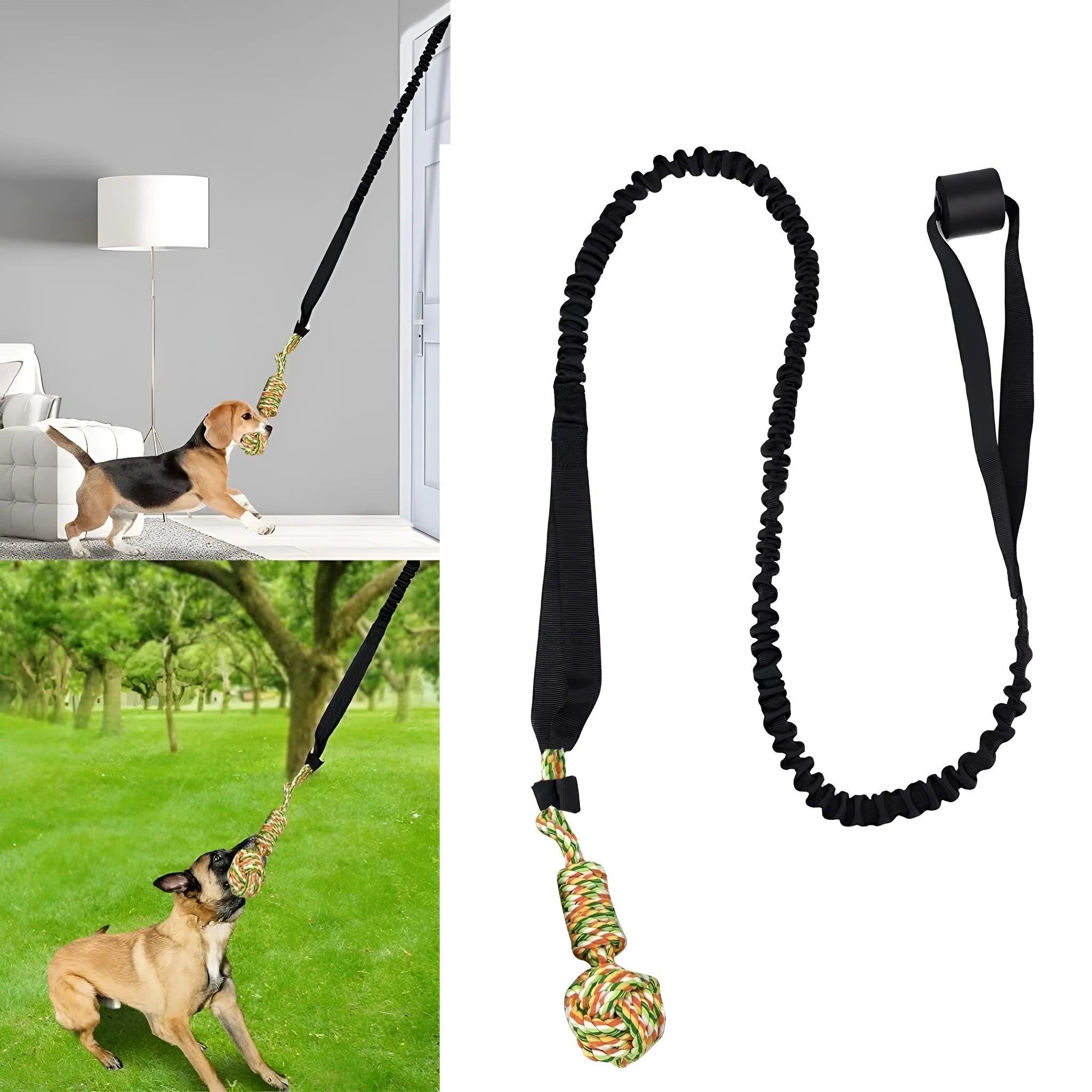 Cotton thread dog tug of war rope toy in black grey and red for teeth cleaning