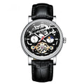 Men's fashion tourbillon mechanical watch with luminous dial on a metal bracelet, showing water resistant case.