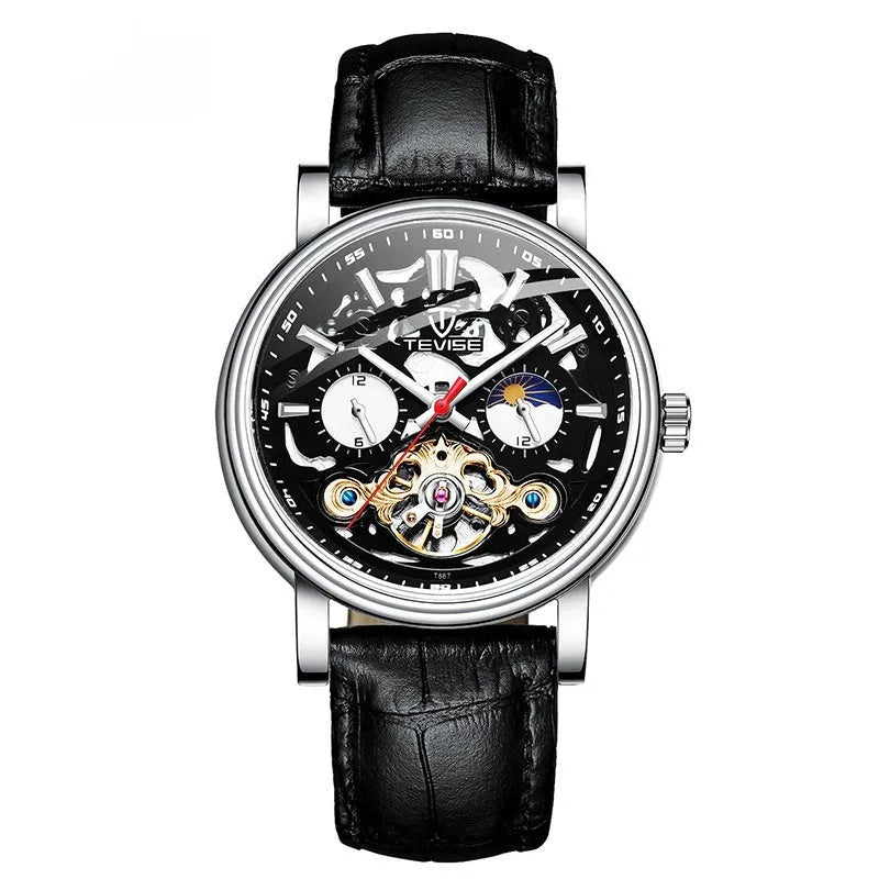Men's fashion tourbillon mechanical watch with luminous dial on a metal bracelet, showing water resistant case.