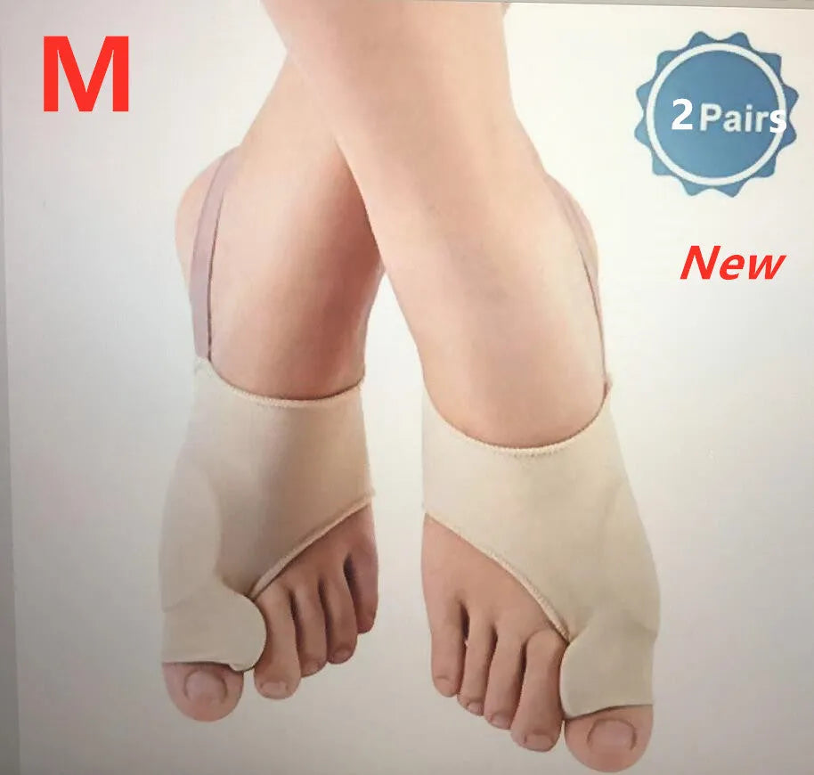 Corrective toe socks with silicone gel bunion pad and toe separator on a foot.
