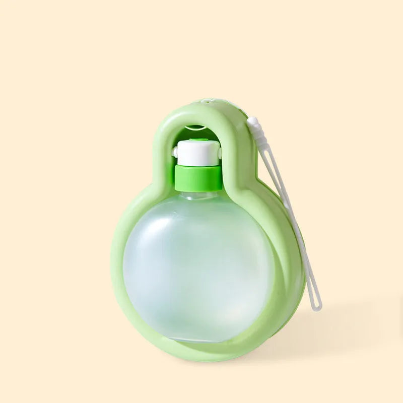 Green Orange Yellow portable pet travel cup with integrated drinking bowl and handle, showing 500ml and 350ml size options.
