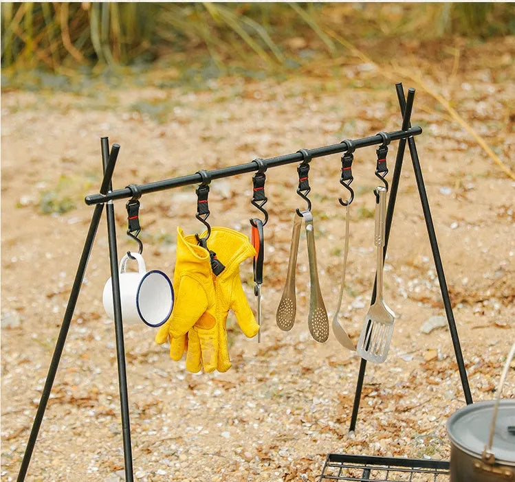 Aluminium alloy foldable camping clothes drying rack with triangular frame and side shelf