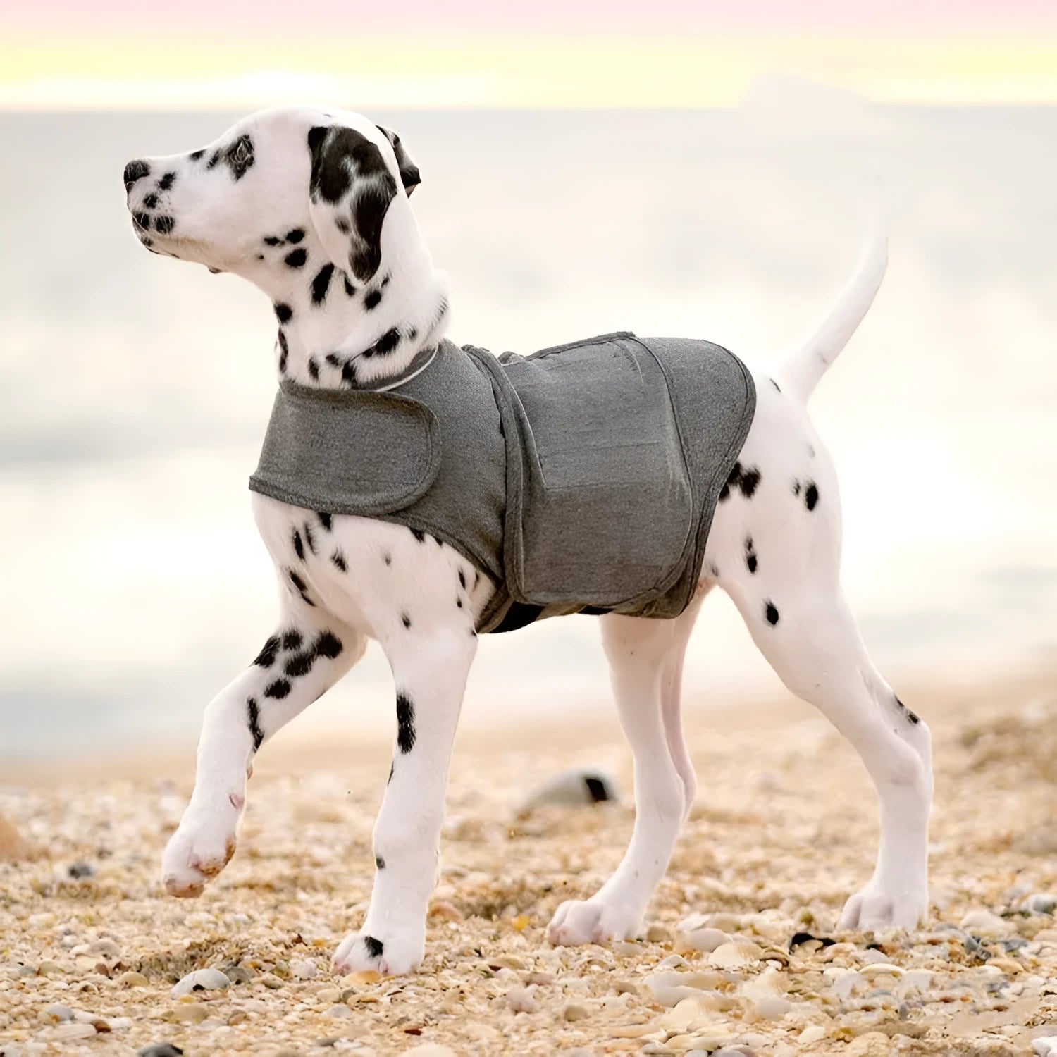 Heather Grey brocade cotton dog anxiety jacket and warm vest shown on a model, sized for dogs from under 4kg to over 50kg.