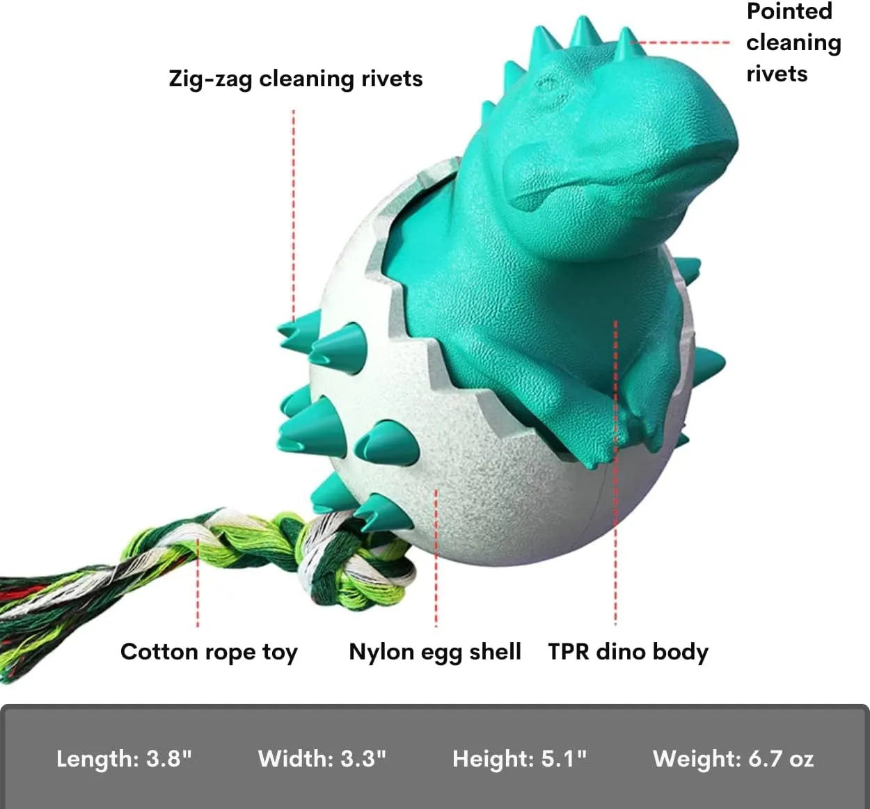 Blue durable rubber dinosaur dog chew toy with nylon rope for aggressive chewers