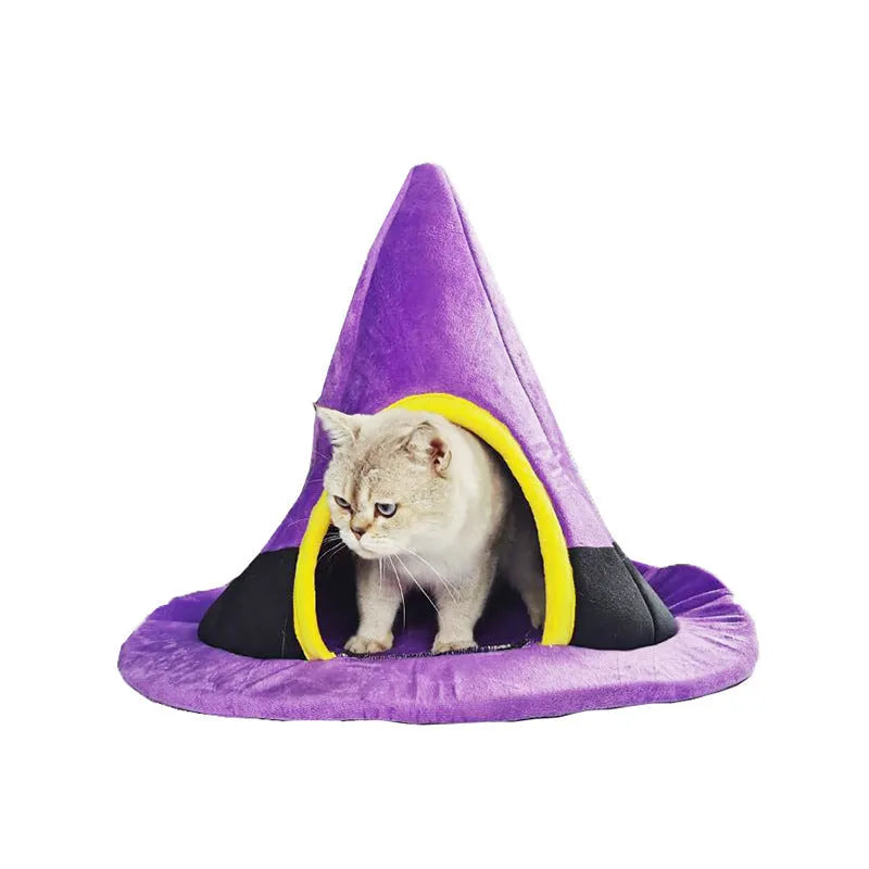Purple cloth cat bed shaped like a witch hat measuring 60x45cm for indoor pet use