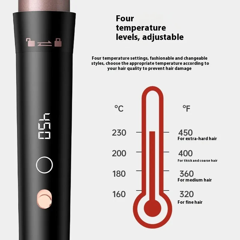 Rose gold hair curler with LCD display and multiple interchangeable tubes on a colour box, with protective gloves.