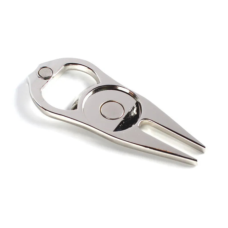Golf ball fork bottle opener tool in zinc alloy with ball yoke and coin accessories