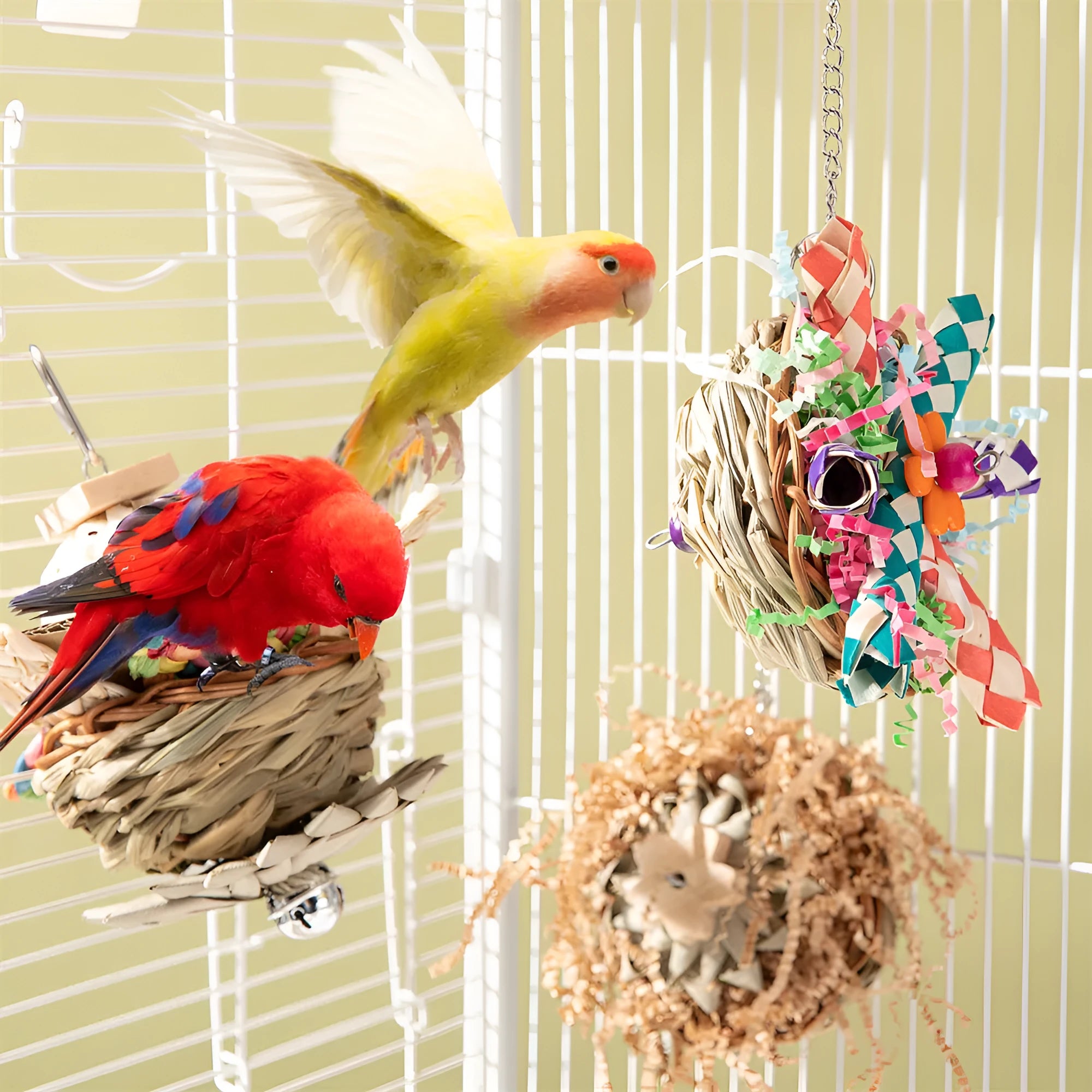 Parrot chewing toy with colourful plastic components and metal hanging chain for cage attachment