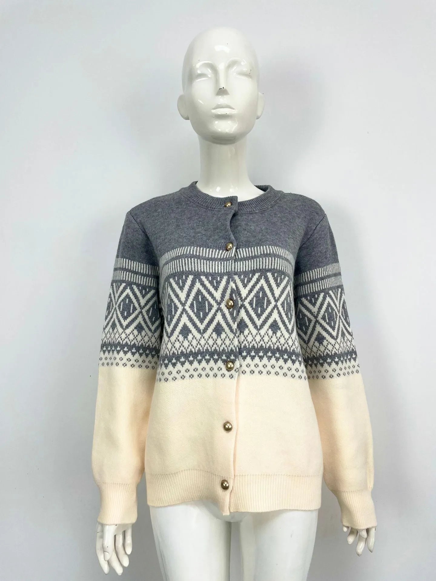 Women's red alpaca wool cardigan with diamond pattern and long sleeves