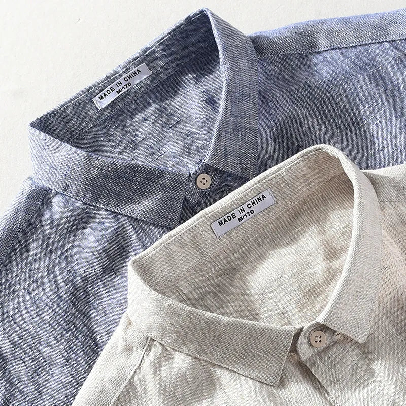 Casual linen shirt with a square collar and short sleeves in raw jute colour.