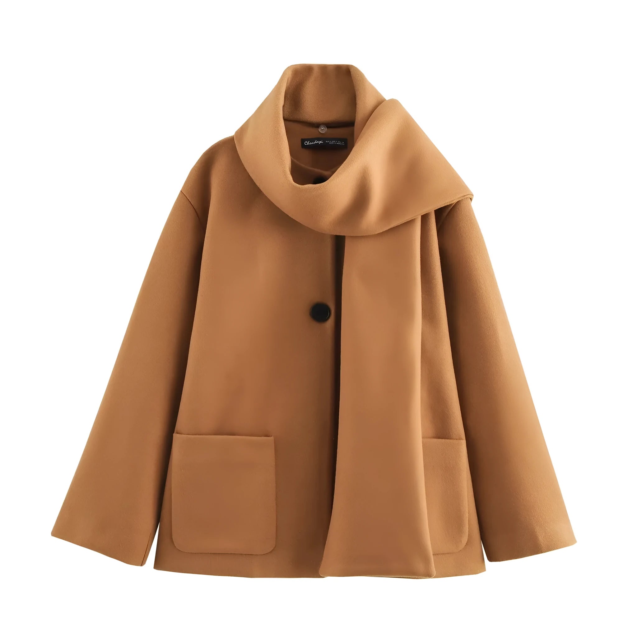 Women's long grey wool blend overcoat with a large artificial fur collar and pockets.