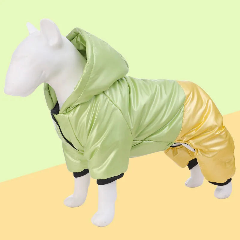Dog wearing green four-legged cotton-padded waterproof windproof coat