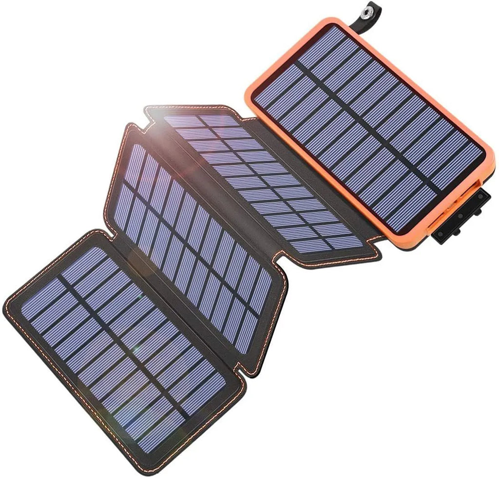 Outdoor solar phone charger with rainproof case in four colours showing solar panel and LED light