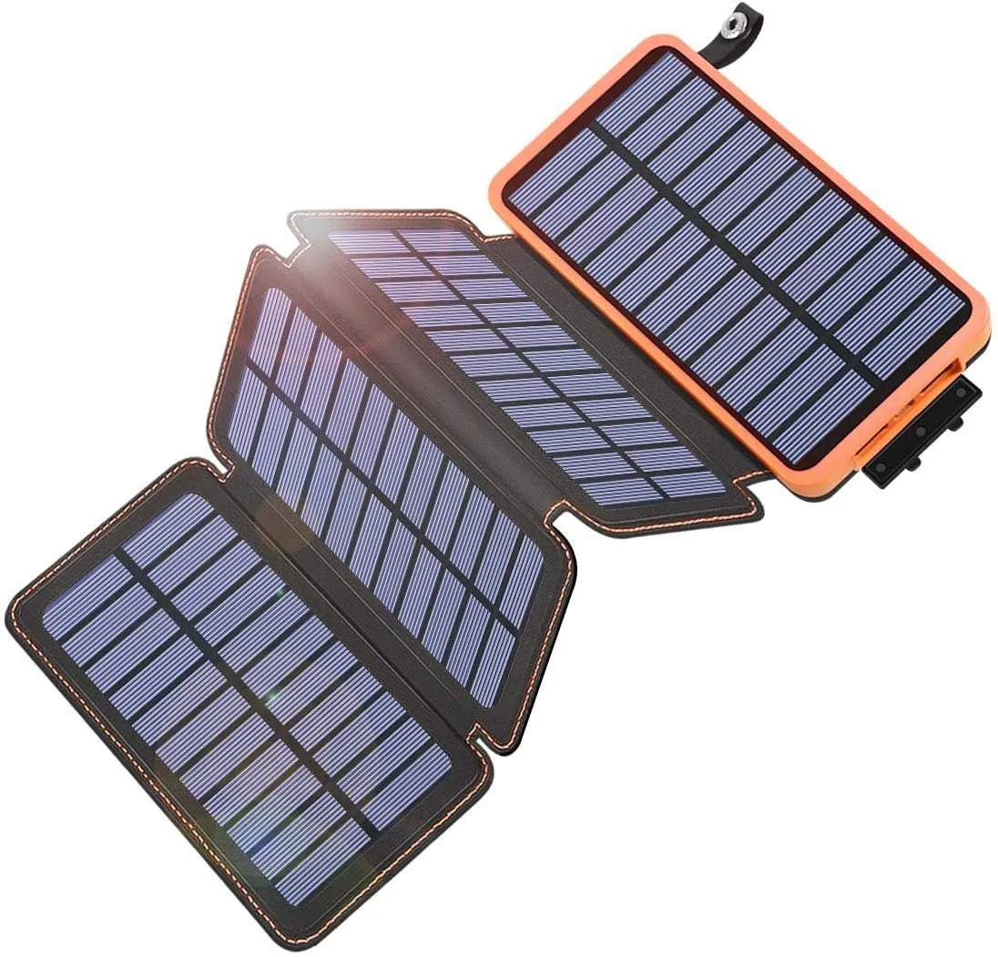 Outdoor solar phone charger with rainproof case in four colours showing solar panel and LED light