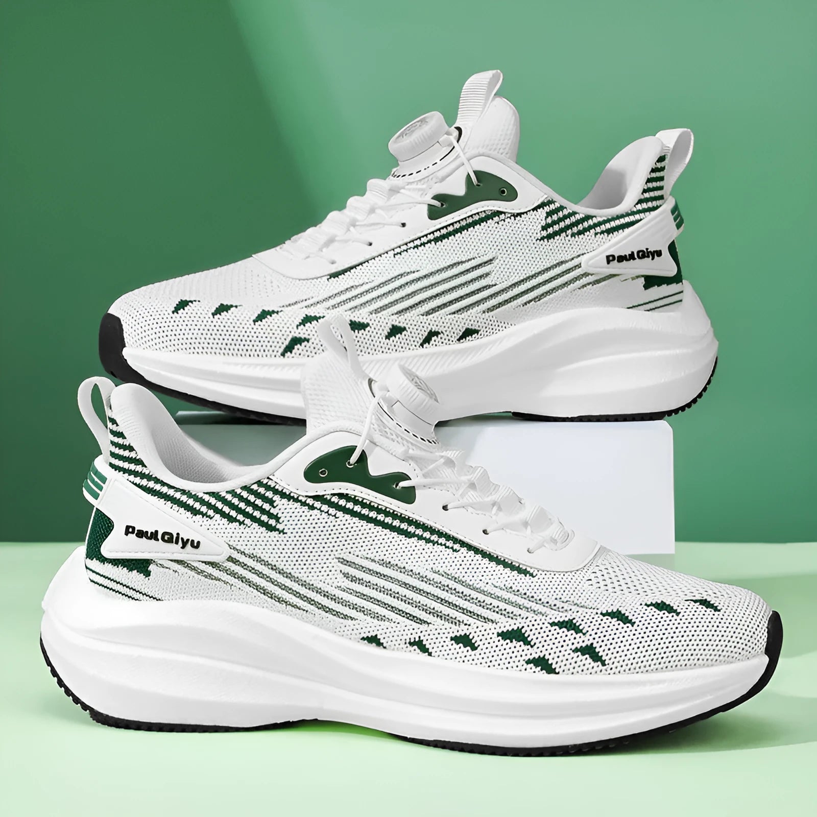 Men's white-green rotating buckle Fly-kit mesh casual running shoes with low-top flat heel design