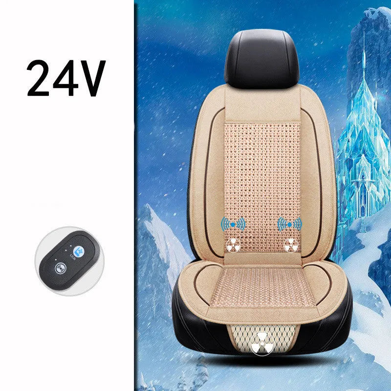 Black car ventilation seat cushion measuring 60cm square with power cord