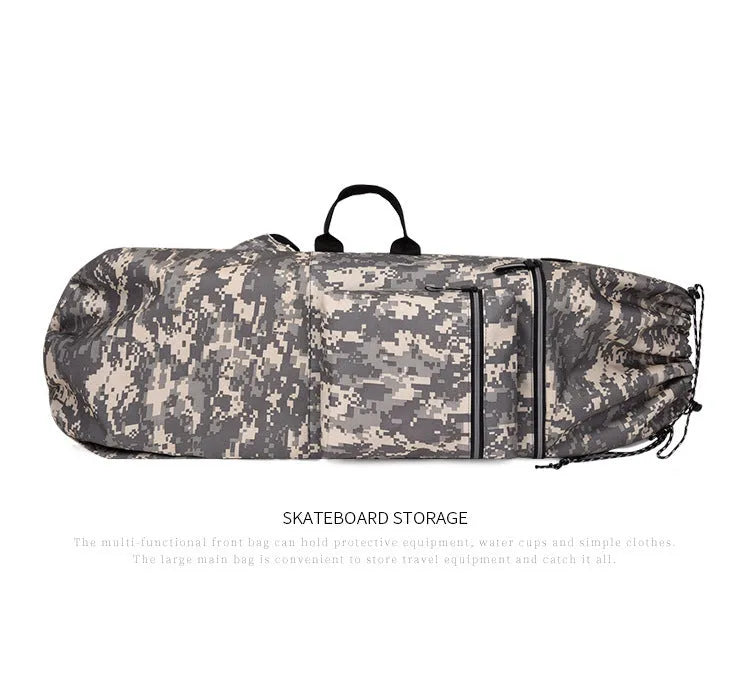 Waterproof nylon skateboard backpack in camouflage, showing large capacity for fishing rods and sports gear.