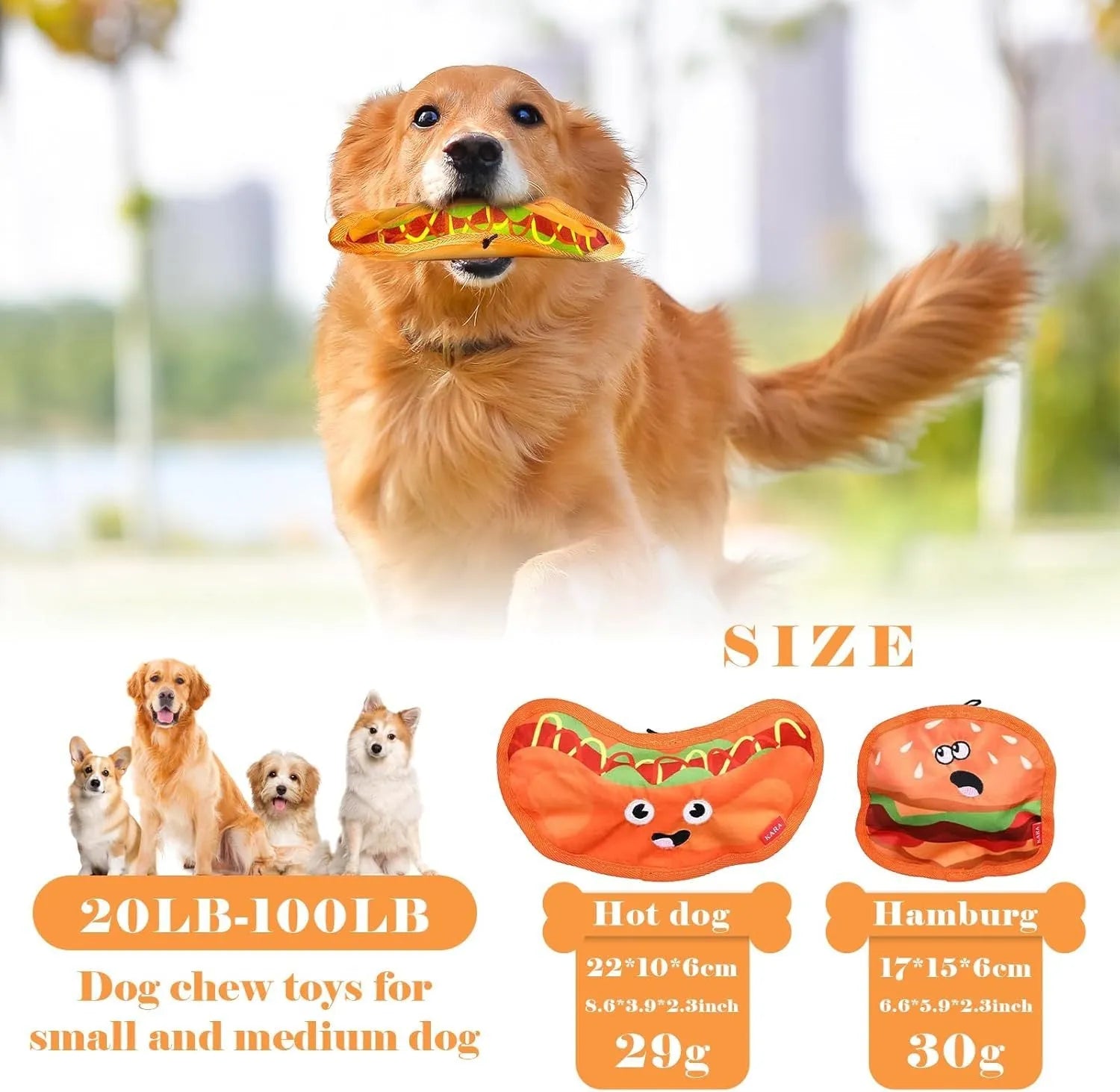 Food-shaped dog chew toys including hamburger, fries, hot dog and pizza designs with crinkle and squeak features