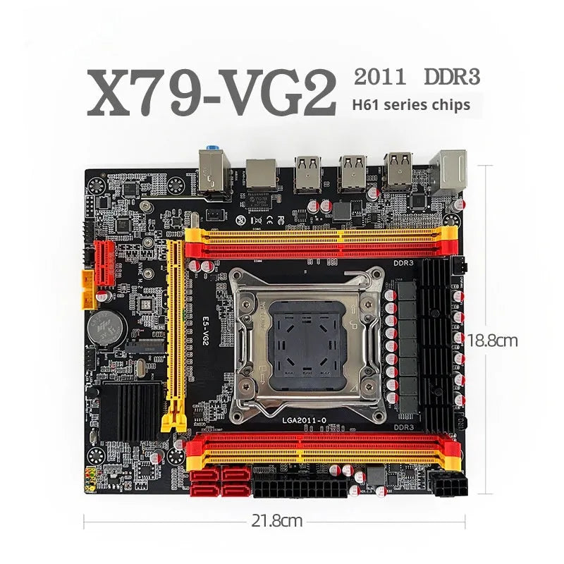X79-VG2 desktop motherboard with LGA 2011 socket, DDR3 slots, PCIe 16X slot, and M.2 connector.