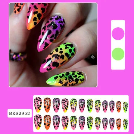 Almond-shaped false nail stickers showing French colourful leaves, gradient leopard print, star flash macaron and colourful plating designs