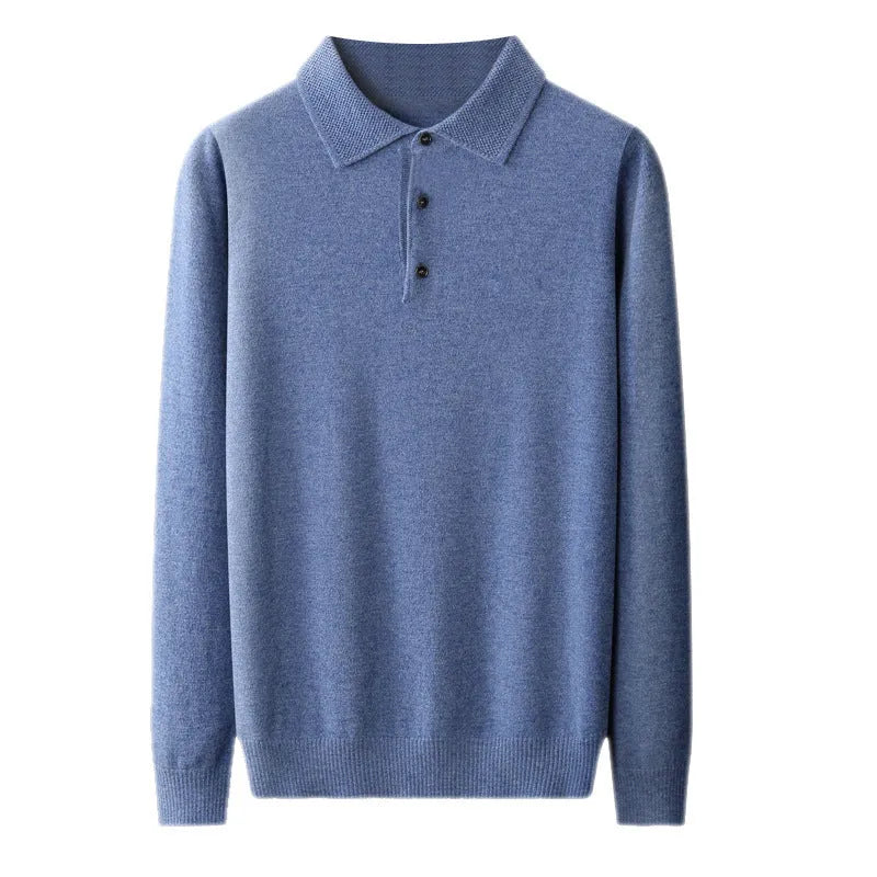 Men's grey wool pullover sweater with a polo collar and long sleeves on a hanger