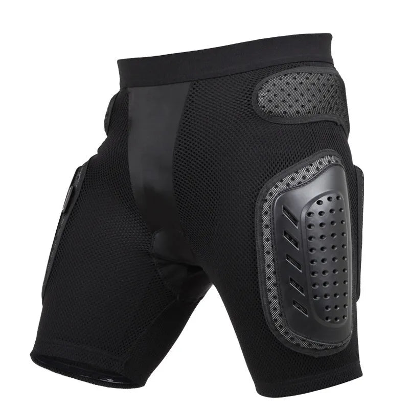 Black cycling hip protection pants with integrated impact-absorbing pads for mountain biking and BMX