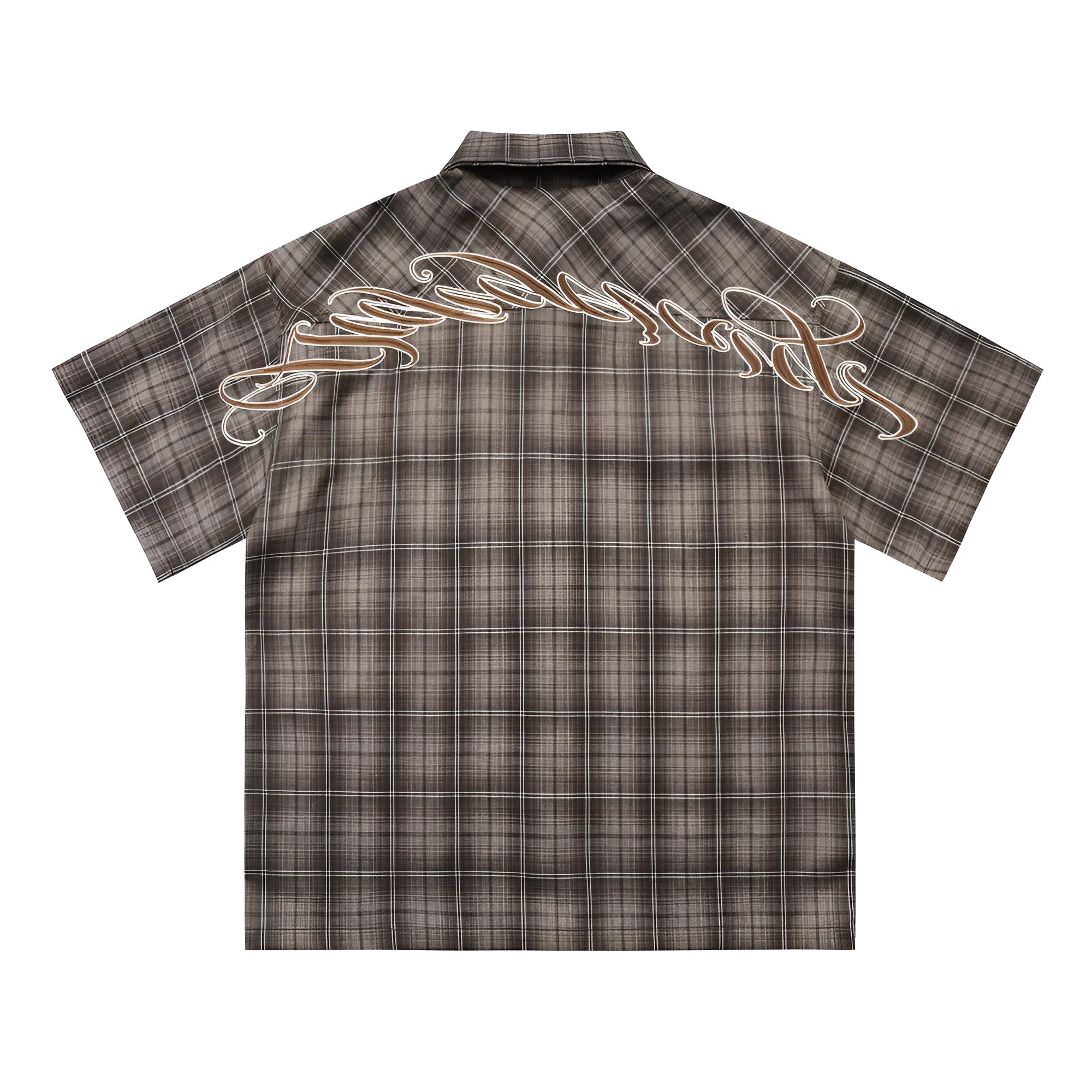 Men's black plaid short sleeve shirt with letter embroidery on the lapel collar.