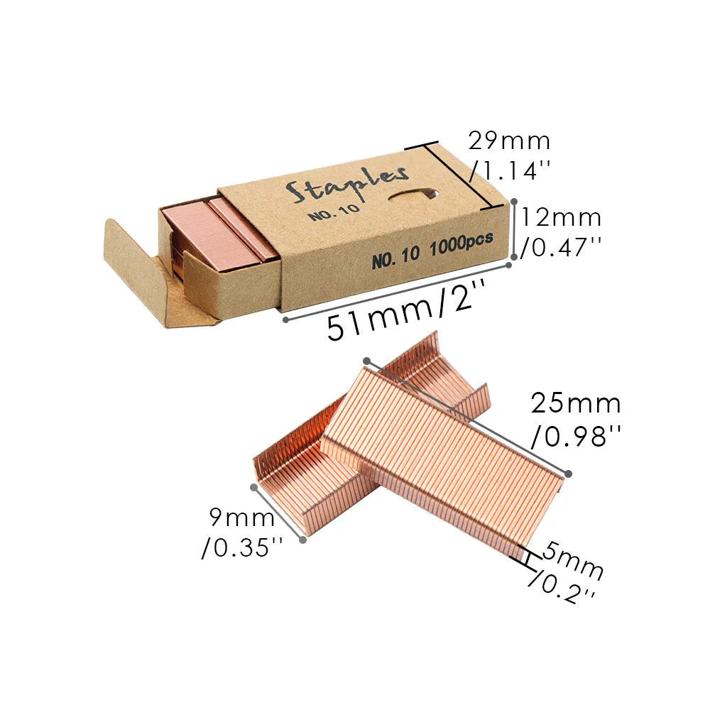 Open box showing 1000 metal staples in a choice of black, purple, rose gold, or rose red colours