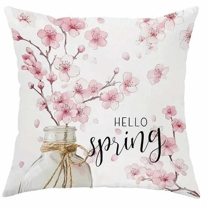 Square short velvet cushion cover with cherry blossom and letter print, 45x45cm.