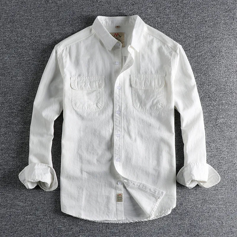 Men's retro cotton long sleeve shirt in solid white or light blue colour with cardigan-style cut