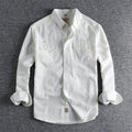Men's retro cotton long sleeve shirt in solid white or light blue colour with cardigan-style cut