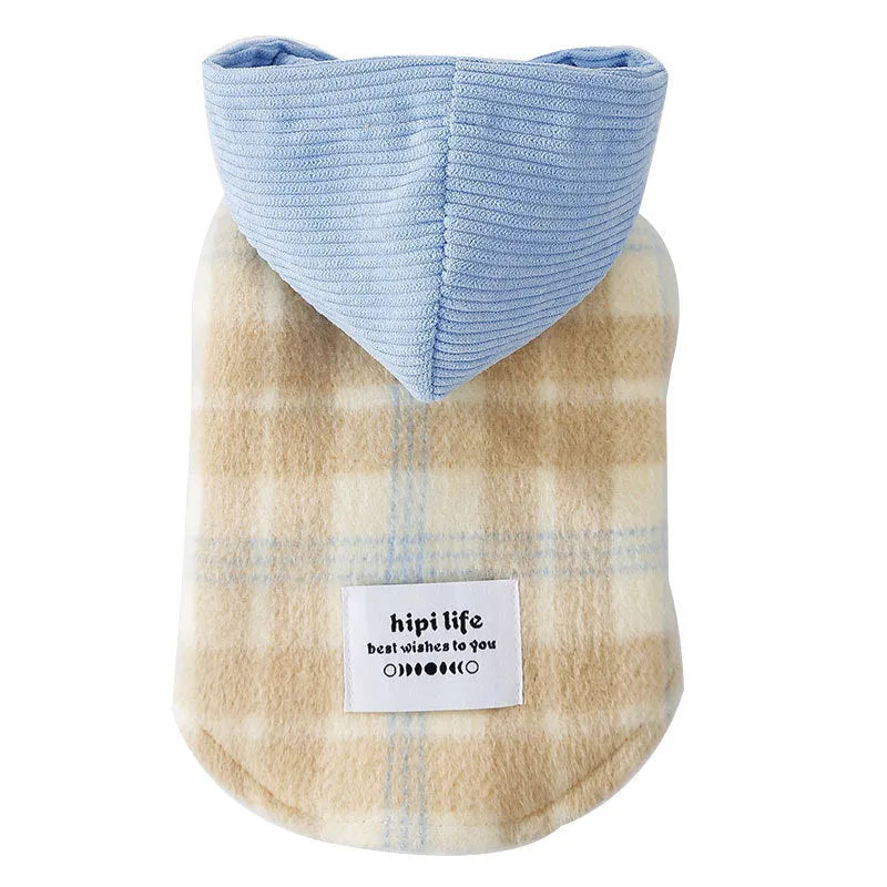 Blue corduroy dog vest with chessboard grid pattern and hooded design for winter walks
