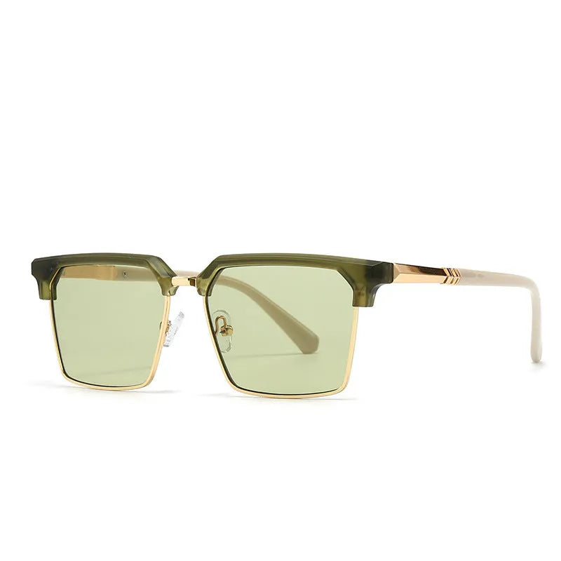Men's square sunglasses with plastic frames shown in six colour options including black, grey, tea, green and blue variations