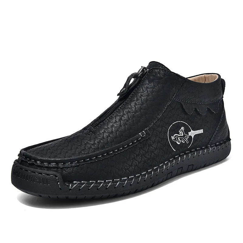 Men's black slip-on leather loafers with round toe and rubber sole