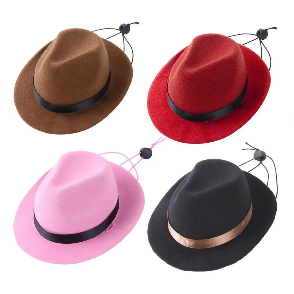 Wool felt mini pet hat for dogs and cats in pink colour showing 15.5cm diameter measurement
