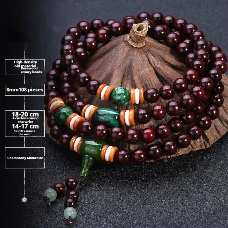 Men's rosewood 108 bead mala bracelet with a turquoise gemstone decorative centrepiece.