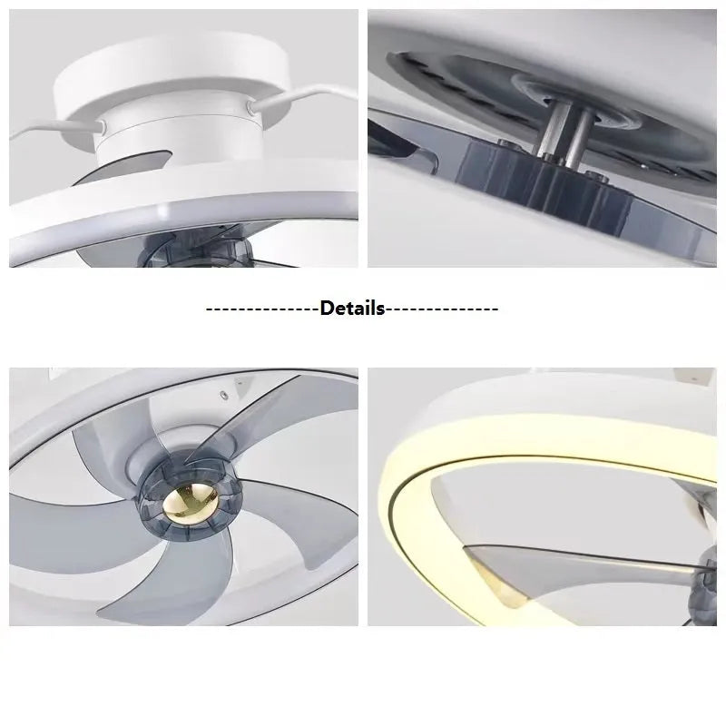 Modern ceiling fan light with light on, showing white PC blades and acrylic lampshade