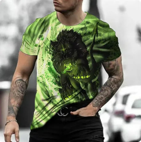 Man wearing a short-sleeved grey t-shirt with a retro 3D graphic print of a wild animal on the front.