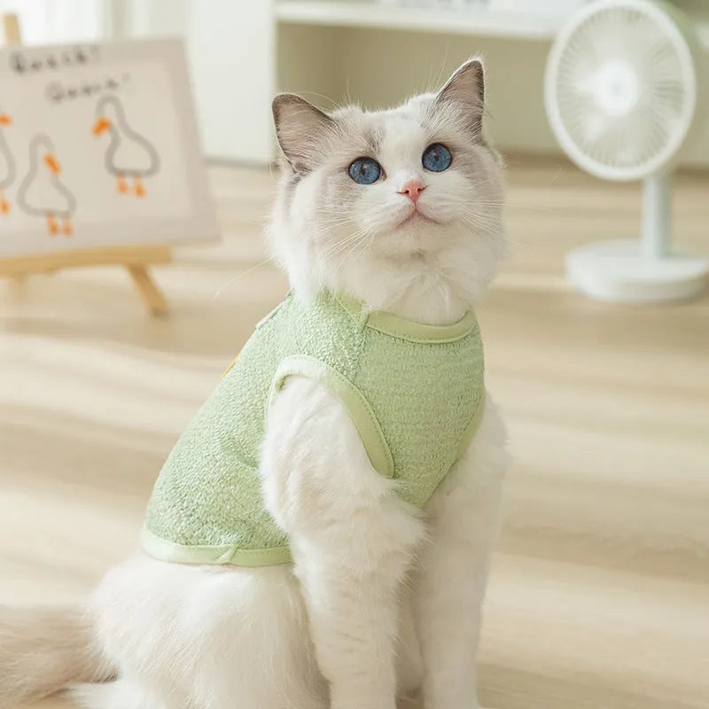 Cartoon bear patch cat clothes in knitted fabric with breathable hollowed-out design