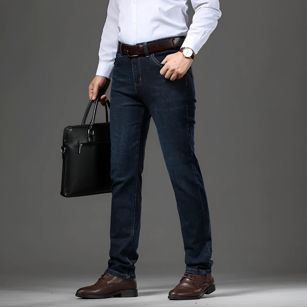 Stretch jeans in straight-leg trousers style showing black and blue denim options with mid-waist design