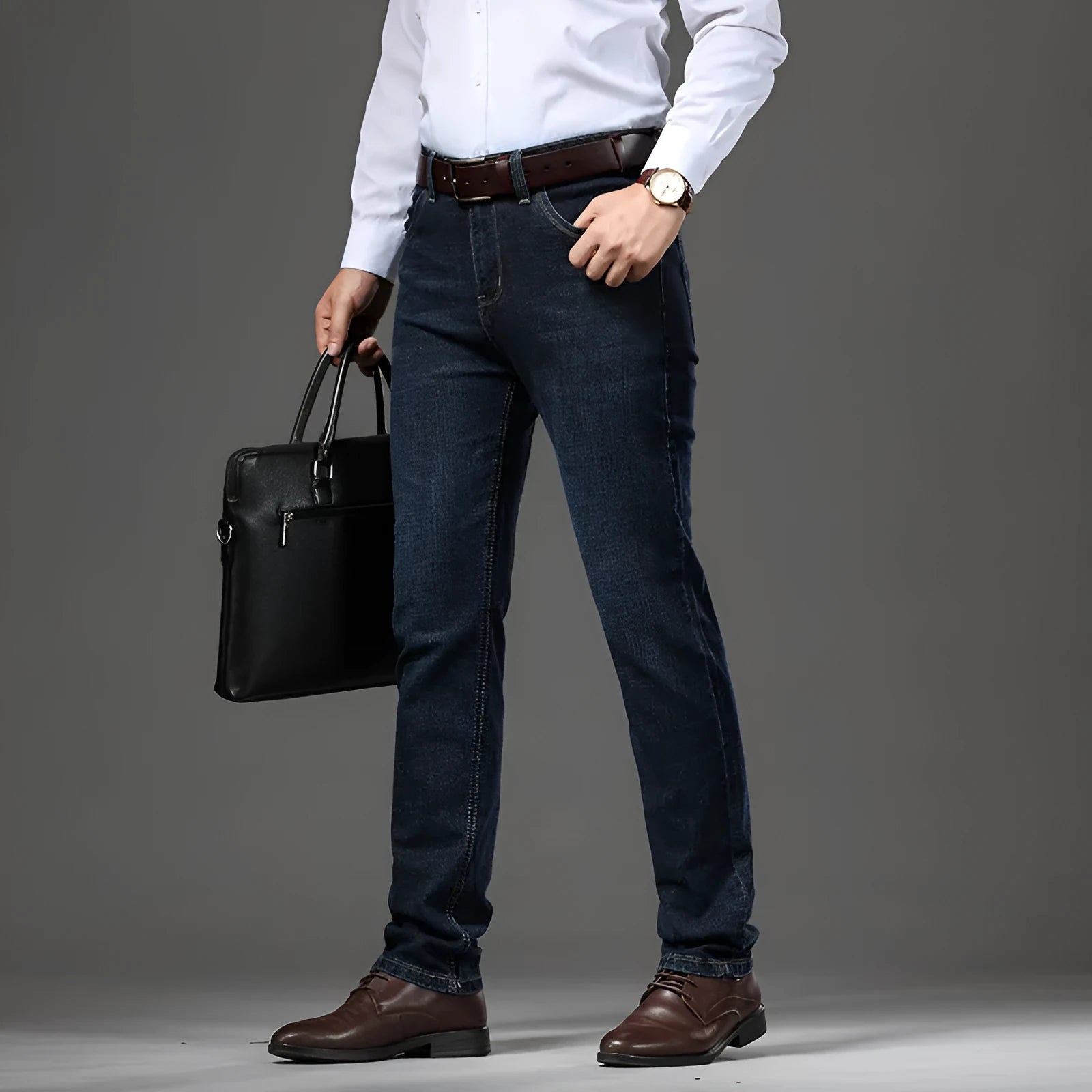 Stretch jeans in straight-leg trousers style showing black and blue denim options with mid-waist design